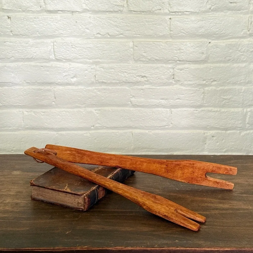 Vintage Handcrafted Wooden Salad Servers Long Handle Rustic Tongs Leather Cord